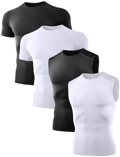 Dalavch 4 Pack Compression Shirts and Tank Tops Men Short Sleeve/Sleeveless Athletic Undershirt for Sport 2 Black 2 White Small