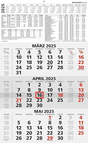 Zettler - 3-Monatskalender 2025 schwarz/rot, 29,7x48,8cm, Bürokalender mit Jahresübersicht, Datumsschieber, faltbar, 3 Monate auf einen Blick, Feiertage/Ferientermine DE/AT/CH und Kalendarium DE