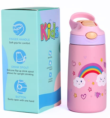 CODiLLO Trinkflasche für Kinder aus Edelstahl mit Strohhalm, BPA-frei, Thermosflasche, 480 ml, auslaufsicher, Thermoflasche – heiß / kalt, wiederverwendbare Wasserflasche – für Camping, Schule,