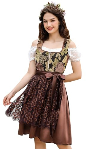 KOJOOIN Women 3 Pieces Bavarian Oktoberfest Costumes Traditional Vintage German Dirndl Dress Brown M