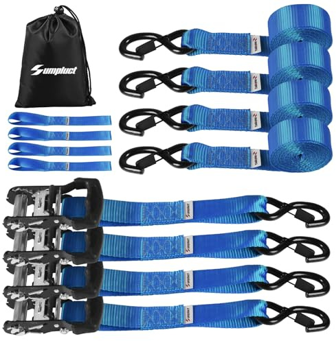 Ratchet Tie Down Straps Set Heavy Duty - 4 Pack 4400 LB Break Strength, 15 FT Tie Down Strap Ratchet with Safety Lock S Hook, 1.5 in Cargo Straps for Trucks, Motorcycles, Moving, Trailer, ATV - Blue