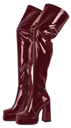 Verisson Bottes à talons hauts pour femme avec plateforme - Bottes montantes à bout carré - Bottes vernies à talon bloc - Bottes cuissantes - Rouge vin - 41 EU