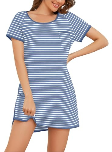 Namatime - Camicia da notte da donna, a maniche corte, in cotone, estiva, a righe, girocollo, biancheria da notte, taglie S-XXL, XXL