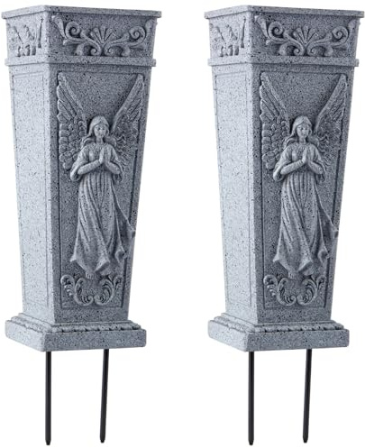 XONOR Cemetery Flowers Vase with Spike, Memorial Grave Vase Resin Flowers Holder for Headstone, Grave, Cemetery, Garden, Lawn, Yard Decorations (2PCS, Grey)