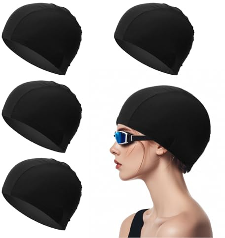 TUONYIS 4 Piezas Gorro de Natación Elástico,Sombrero de Natación de Tela Cómoda, Gorro Piscina Ligero para Deportes Acuáticos Antideslizante para Niños Adultos (Negro) (Negro)