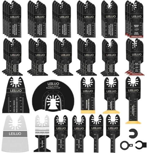 LEILUO 55-delad svängande multiverktyg blad kit för träspikar gipsväggskärning universella multiverktyg tillbehör med förvaringsväska kompatibel med DeWalt Makita Dremel med mera