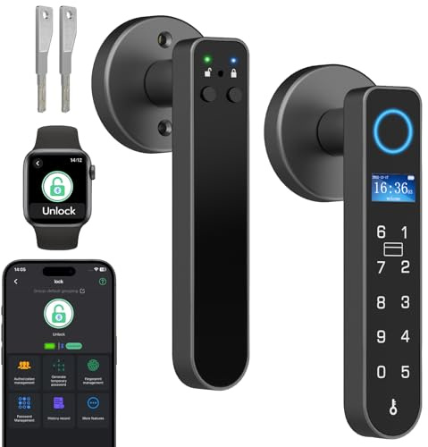 eLinkSmart Cerradura de puerta con manija de huellas dactilares, tarjeta RFID, NFC, palancas de puerta inteligentes sin llave, cerradura digital con teclado modo de privacidad para dormitorio