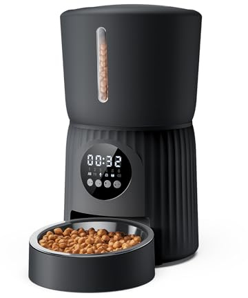 Faroro Distributore Automatico Cibo Gatti, 4L Dispenser Crocchette Gatto con 1-6 Pasti Al Giorno, Porzioni Regolabili, Voce 10s, Alimentazione Lenta (Nero)