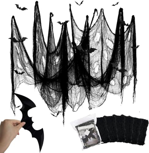 Jiounie Halloween Deko Stoff, Gasa Espeluznante Negra, Paño Espeluznante De Halloween, 73 x 183 Cm, Mit 12 Fledermaus Aufkleber, para Casa Embrujada, Puertas, Ventanas y Exteriores (6 Negros)