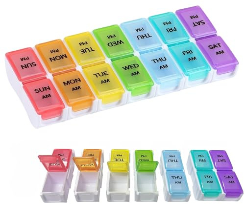 GUZHAIREN Pill Box, Pill Boxes 7 Day 2 Times a Day for AM PM, Multicolor | 7-Day Pill Box with 14 Removable Compartments, Daily Medication, Weekly Pill Organiser, Tablet Organiser for Travel