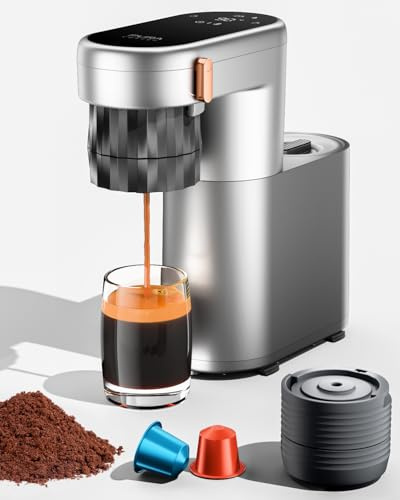 pura coffee Macchina caffè 2 in 1 piccola, Riscaldamento Istantaneo e 20 bar, macchina per espresso portatile con batteria, compatibile con capsule NS e caffè macinato, per Campeggio/Interno/Ufficio
