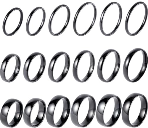 SUNNYCLUE 1 Box 18pcs 3 Width Black Stainless Steel Rings Black Rings Set US Size 5/6/7/8/9/10/11 Stackable Metal Simple Plain Thumb Finger Band Jewellery Rings Set Pack for Men Adults Wedding Rings