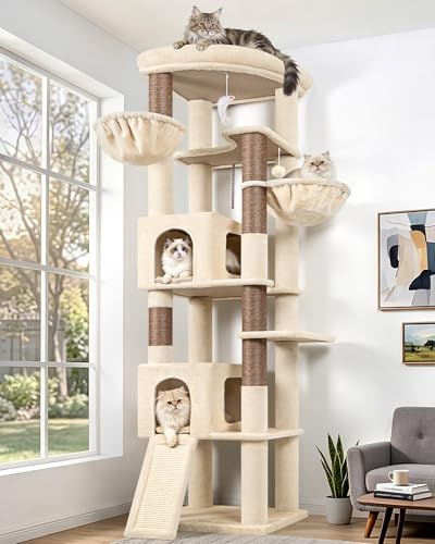 Globlazer Tiragraffi XXL Beige per Gatti Adulti 204 cm con 2 Grandi Grotte 45*30*30cm, Immenso Piattaforma, Rampa Sisal, Stabile Angolare Tiragraffi per Gatti Grandi Riposati Grattati (C80, Beige)