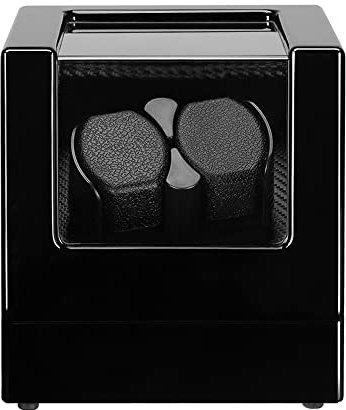 POUILLA Piano Painting Wooden Automatic Double Watch Winder Black Carbon Fibre Cover-Open Auto Stop with Mabuchi Motor Memory Pillow SR0229