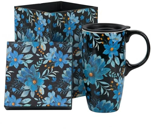 Topadorn Ceramic Travel Mug with Lid 17 oz, Microwave & Dishwasher Safe, Reusable for Coffee Tea, Blue Floral