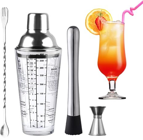 Wikimo Shaker Cocktail Kit, Professionnel en 400ml Verre Kit pour Cocktail Shaker Bar Mojito Con Doseur, Pilon et Cuillères à Soupe, pour Les Hommes et Les Femmes