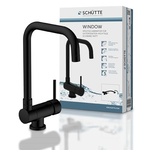 SCHÜTTE 24556 Küchenarmatur WINDOW, Wasserhahn Unterfenster, Spültischarmatur Vorfenster, flexibler Wasserhahn umklappbar 360° schwenkbar Einhebelmischer Fensterarmatur, Schwarz