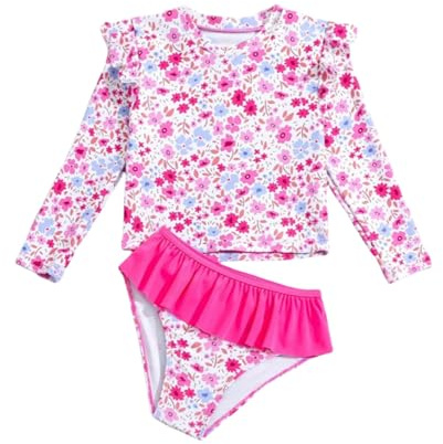 Maillot De Bain 2 Pieces Enfant Fille 4-10 Ans Ensemble de Tankini Haut De Maillot De Bain Rashguards Manche Longue + Culotte à Volants Adolescent Fille Fleur Plage Piscine Vacances (8-9 Ans, Rose)