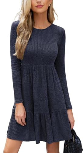 CUPSHE Abito Autunnale per Donna 2025, Casual, Girocollo, Maniche Lunghe, Maglia con Volant, A Linea, Mini, Primavera, Maglione Vestito, Blu navy, L