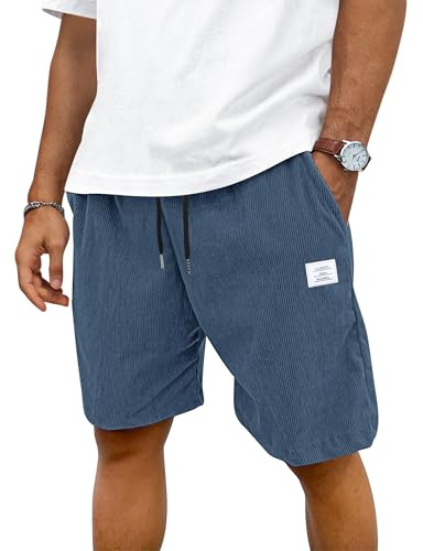 TARAINYA Velours Côtelé Short Homme Coton Stretch Cordon de Serrage été Casual Chino Corduroy Shorts Court Homme avec Poches Bleu L