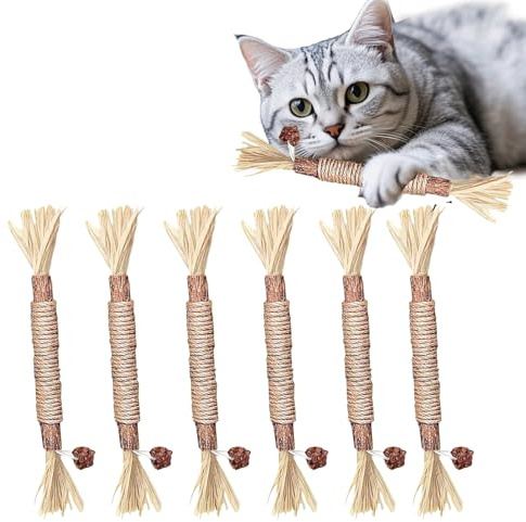 Bdfgh Silvervine Lot de 6 bâtons d'herbe à chat pour chats d'intérieur et adultes, bâtons à mâcher à la menthe pour chaton, friandises dentaires, corde de nettoyage des dents pour chat naturel