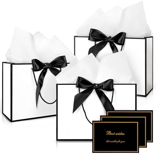 Vivantia Medium Gift Bags Set 3 Pack White Paper Gift Bag with Black Edge Greeting Cards Ribbons Tissue Papers Present Bags with Handles for Gift Wrapping Birthday Wedding Baby Shower