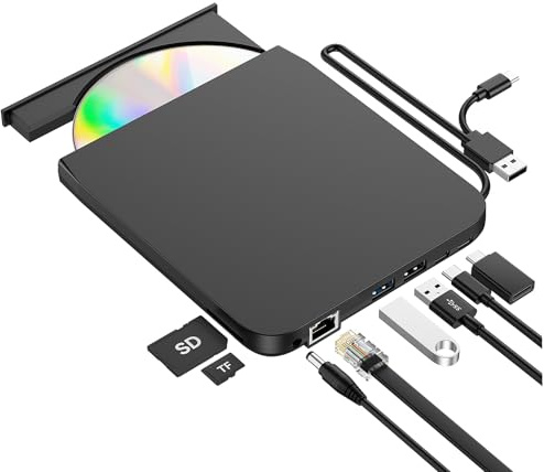 ROOFULL Pro - Unidad externa de CD/DVD, grabadora de CD USB 3.0 con adaptador Ethernet, hub USB y puertos de tarjeta SD/TF, lector de CD DVD, reproductor de disco óptico para laptop, MacBook, PC