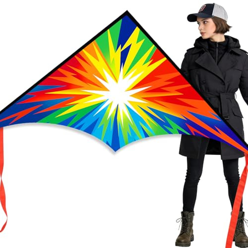Xida Large Delta Kite for Kids & Adults - Easy to Fly Kites for Kids Ages 4-8 & 8-12, Vibrant Rainbow Kite with Cool Lightning Design, Complete Set for Beginners, Outdoor, Beach & Park Fun