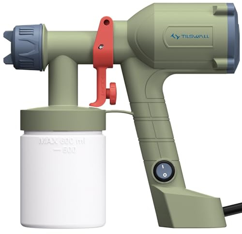 Tilswall Pistola de Pintura Eléctrica - Pulverizador de Pintura Ultraligera con Tanque Desmontable De 600ml, 2 Boquillas & 3 Modos, Paredes, Techos, Muebles, Vallas, Jardín, Verde Oliva
