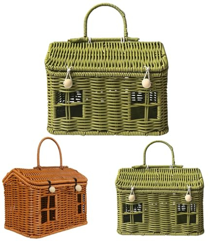 Panier de pique-nique en rotin en forme de maison avec couvercle et poignée, panier de rangement en osier tissé, panier de récolte de jardin, panier décoratif pour voyage, Pâques (vert)