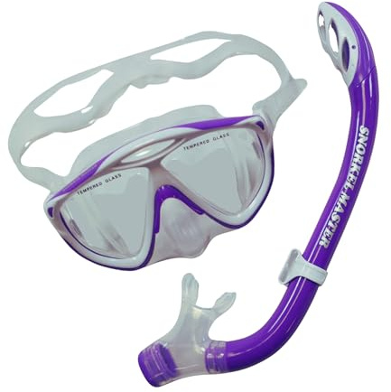 Snorkel Master Kids Snorkeling Mask & Semi-Dry Snorkel Combo – Panoramic Anti-Fog Tempered Glass Mask & Adjustable Silicone Fit (Purple)
