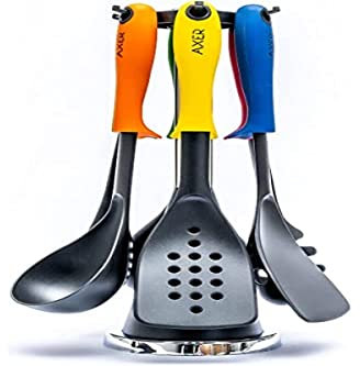 Axer Set di 6 utensili da cucina in nylon con supporto rotante e sistema rialzato - Multicolore- Include cucchiaio, mestolo, schiumaiola, spatola e servo per la pasta - Lavabile in lavastoviglie