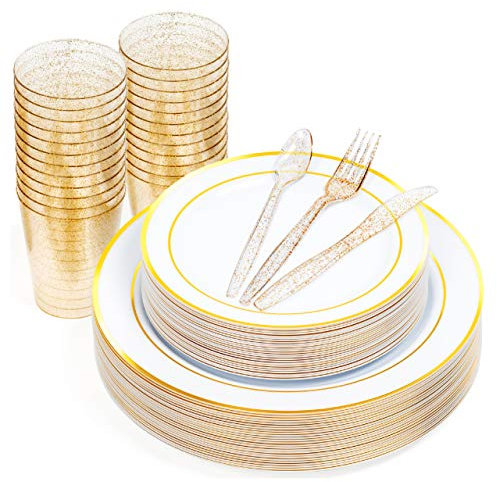 MATANA 150 Stück Mehrweg Partygeschirr Set in Weiß & Gold für 25 Gäste - 25 Plastikteller 25 Dessertteller 25 Löffel 25 Gabeln 25 Messer & 25 Partybecher - Hochzeiten, Geburtstage & Partys