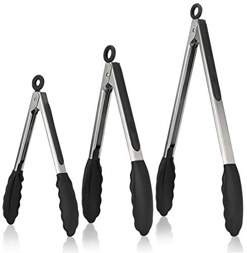 U-Taste Grillzange Küchenzange mit Silikonspitzen & Silikongriff 3 Stück, 315℃ Hitzebeständige Fleischzange Kochzange aus Edelstahl zum Kochen Grillen Salat Buffet Servieren (18/23/30cm, Schwarz)