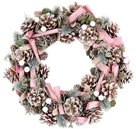 Christmas Wreath Large Front Door Festive Pastel Pink Wall Hanging Wooden Pine Cone Winter Garland Ornament (BJ00)