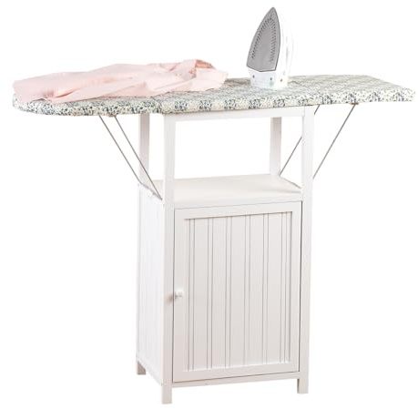 OakRidge Deluxe Ironing Board with Storage Cabinet, Perfect for Small Spaces with Extra Storage, Folding Station, Crafted with 100% Durable Wood, White Design – Measures 36.5 H x 15.5 W x 23 L