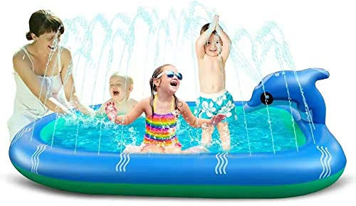 JAWSEU Inflatable Pool, Baby Inflatable Folding Bath Pool, Thickened Rectangular Family Sprinkler Dolphin Pad Indoor Outdoor Garden Toys Game for Kids Adults, 170x110cm