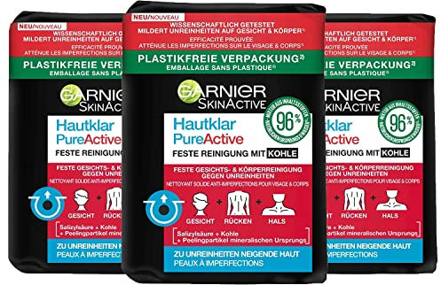 3 x Garnier Hautklar PureActive Feste Reinigung Mit Kohle je 100g Gesicht Körper, 1 Packung