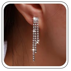 Andelaisi Boho Rhinestone Tassel Earrings Silver Long Crystal Chain Earrings Long Crystal Cz Drop Earrings Vintage Cz Tassels Chain Earrings Wedding Chandeliers Dangle Earrings Jewelry for Women