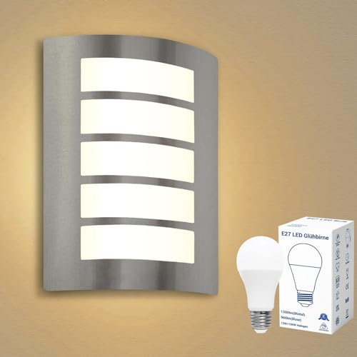 Allesgute Wandlampe E27 Außenlampe IP44 Eckig Wandleuchte Gebürstet Edelstahl ABS für Hauswand Balkon Badezimmer Treppenbeleuchtung inkl.1x 12W 1200lm LED Warmweiß Glühbirne