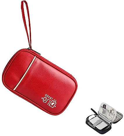 Borsa Accessori Elettronici,Organizer Cavi, Borsa da Viaggio Custodia Cavi Resistente All'acqua Borsa da Piccoli con Braccialetto Pochette Antiurto per Cavi USB, Schede SD, Caricabatterie（rosso）