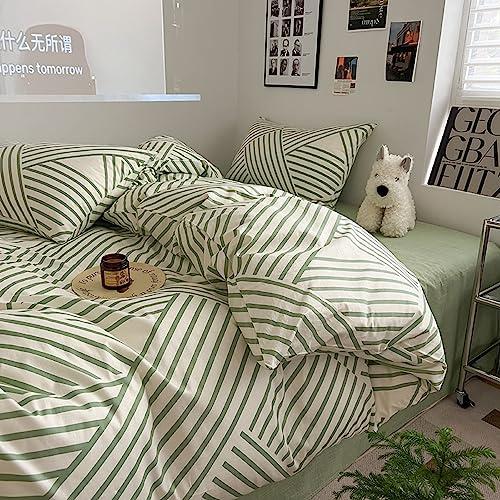 GETIYA Luxus Geometrische Bettwäsche 220x240 Baumwolle Bettwäsche Streifen Gestreift Muster Bettbezug Damen Herren Grün Weiß Gestreift Bettwaesche Paar Bett mit 2 Kissenbezug 80x80