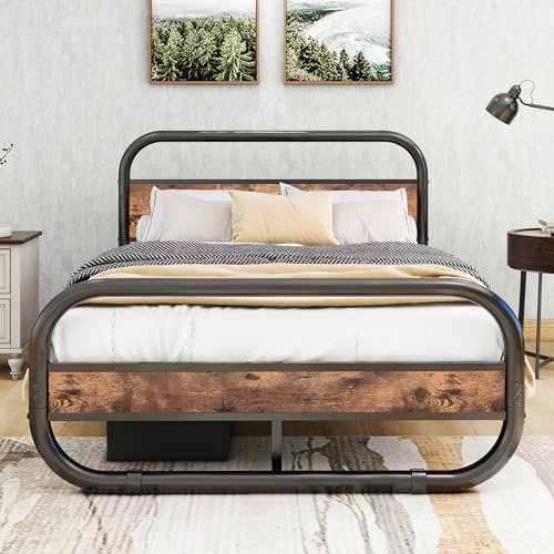 HOMERECOMMEND Metallbett 120x200,Bettrahmen aus Metall und Holz mit Lattenrost,Bettgestell 120x200 mit Kopfteil, ovales Plattformbett mit Stauraum unter dem Bett,Braun