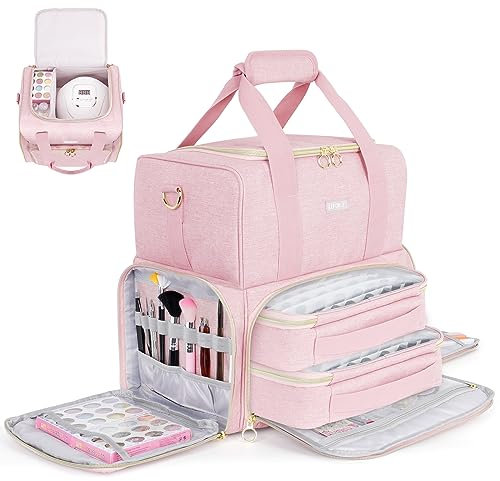 IVODEELA Nagellack Organizer Tasche,Doppelschichtige Nagellack Aufbewahrung Tasche für 80 Flaschen (15 ml) und eine Nagellampe,Groß Schminkkoffer mit Aufbewahrungsfächern,Nagellack Organizer,Rosa