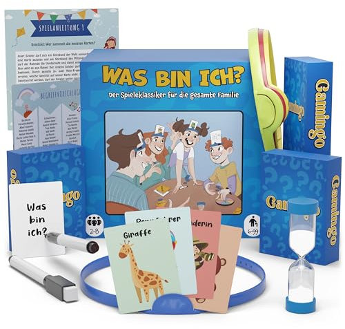 Gamingo Wer Bin Ich Spiel für Kinder & Familien - Spiel ab 6 Jahre - bis zu 8 Spieler, lustiges was Bin Ich Spiel Kinder, Familienspiele ab 6 Jahre, Gesellschaftsspiele ab 6 mit über 200 Spielkarten