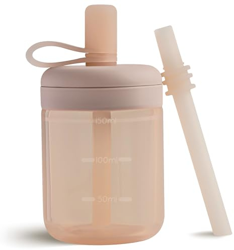 Moonkie Borraccia con Cannuccia, Bicchiere Antigoccia Bambini Silicone, Bicchiere con Cannuccia, Tazza con Cannuccia senza BPA, per Lavastoviglie, 6 Mesi+, 5oz(Blush)