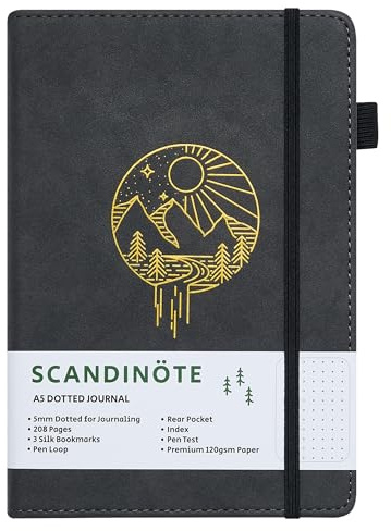 Scandinote A5 Bullet Dotted Journal Notebook, 208 Pages, 120gsm Paper, Vegan Leather Cover, 3 Bookmarks, Pen Loop, Pocket, Index, 180° Lay-Flat, 5mm Dot Grid for Bullet Journaling & Planning