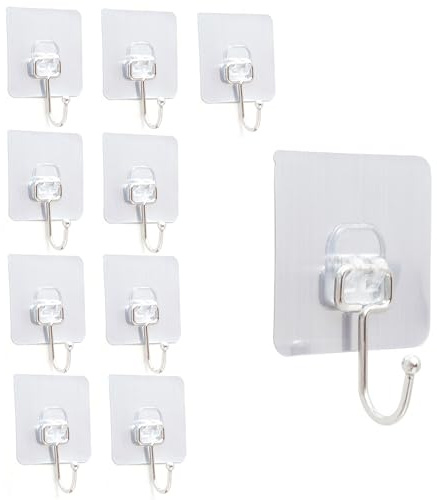 sundrerfect Ganci Autoadesivi, Confezione da 10 Trasparenti, Alta Tenuta, Senza Foratura, Ganci Multifunzionali per Parete per Cucina, Bagno, Capacità 50kg