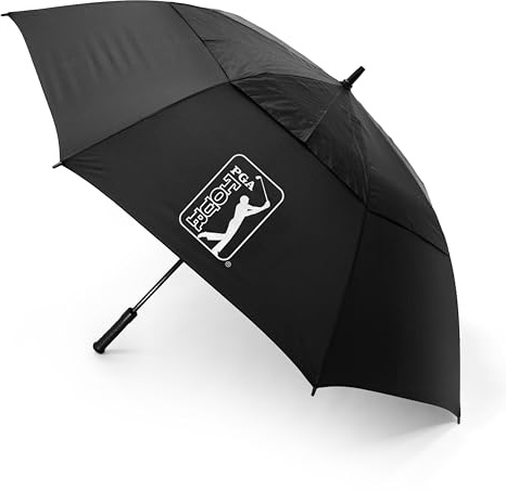 PGA TOUR Parapluie de golf de 157,5 cm – Double auvent coupe-vent pour homme avec ouverture automatique, tige en fibre de verre, poignée antidérapante, sangles Velcro, housse imperméable – Parapluie