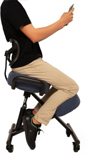 BLACK POINT O'KNEEL – Ergonomischer Kniestuhl mit Rückenlehne | Verstellbarer Kneeling Chair, Büro & Zuhause | gerade & Bequeme Haltung | Bezug aus grau/blauem Leinen inklusive